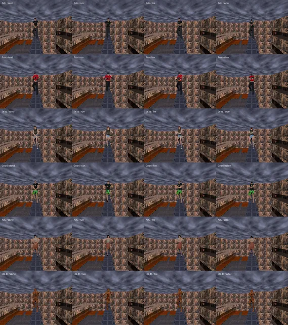 All six skins running stock player animations in the engine.