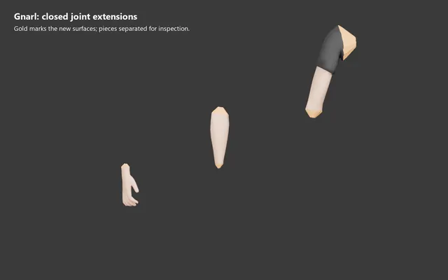 New closed extensions highlighted in gold; arm sections separated only for inspection.