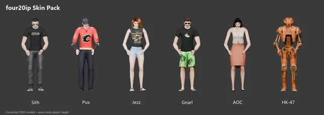 Six converted characters at standard Jedi Knight height, rendered in Blender.