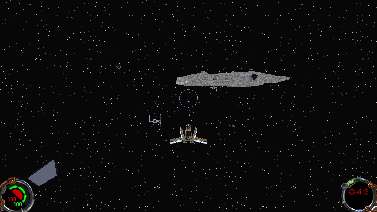 The Moldy Crow approaches TIE fighters in open space.