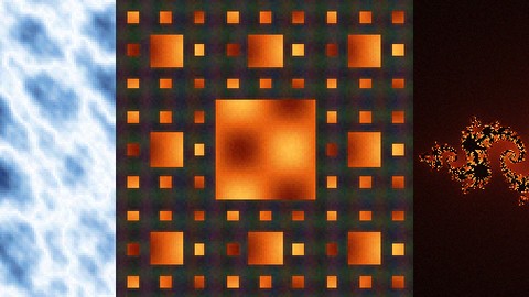 the seven computed textures: Koch, Julia frost, frost fBm, Sierpinski grate, Julia storm, Mandelbrot core, energy fBm