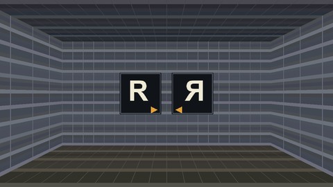 the experiment that settled the mirror: ONE wall, ONE material reading a capital R, two panels differing only in the u direction — z×n renders R, n×z renders it backwards